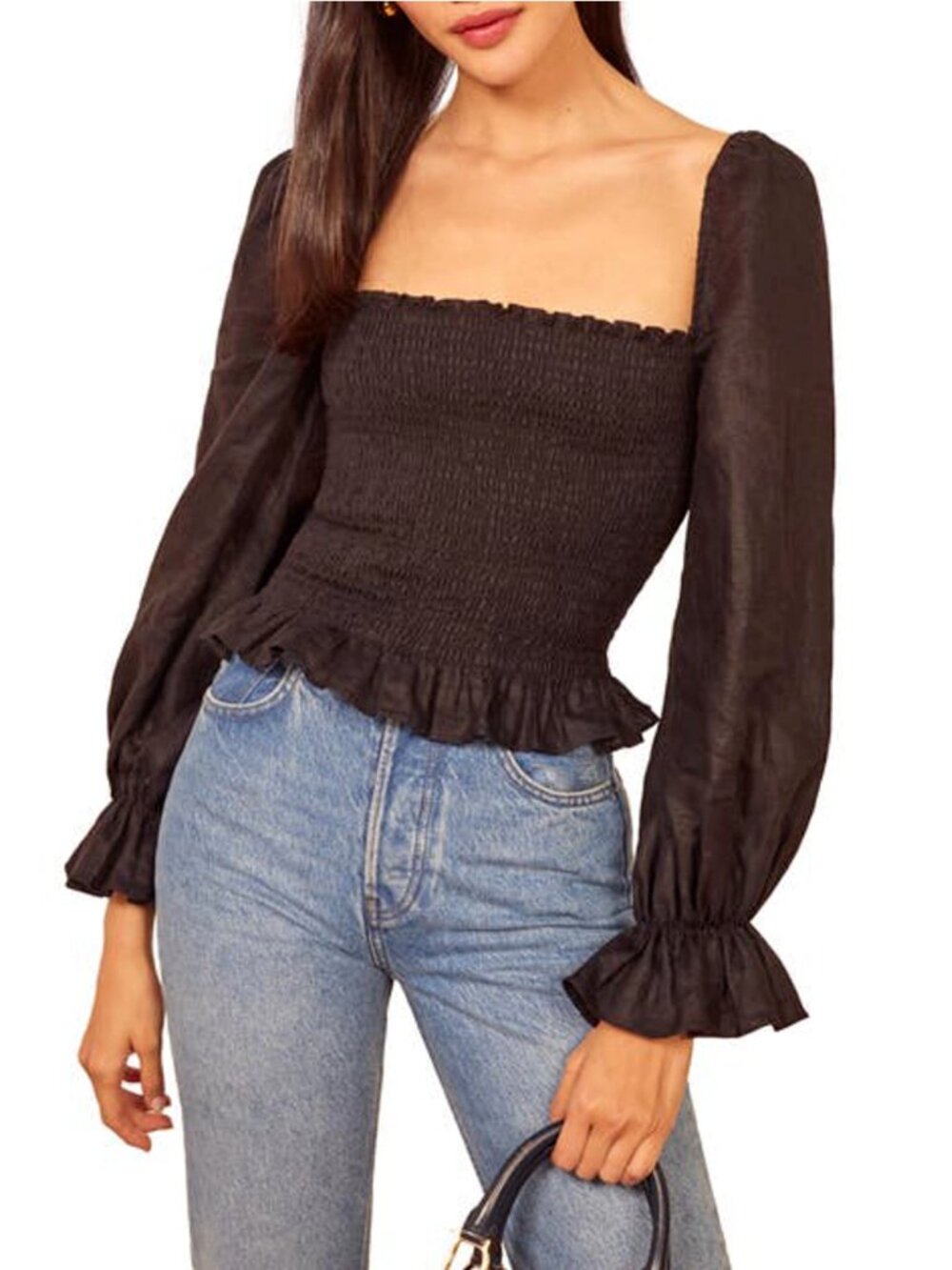 Reformation Smocked Square Neck Top Black Feminine Ruffle Top XS